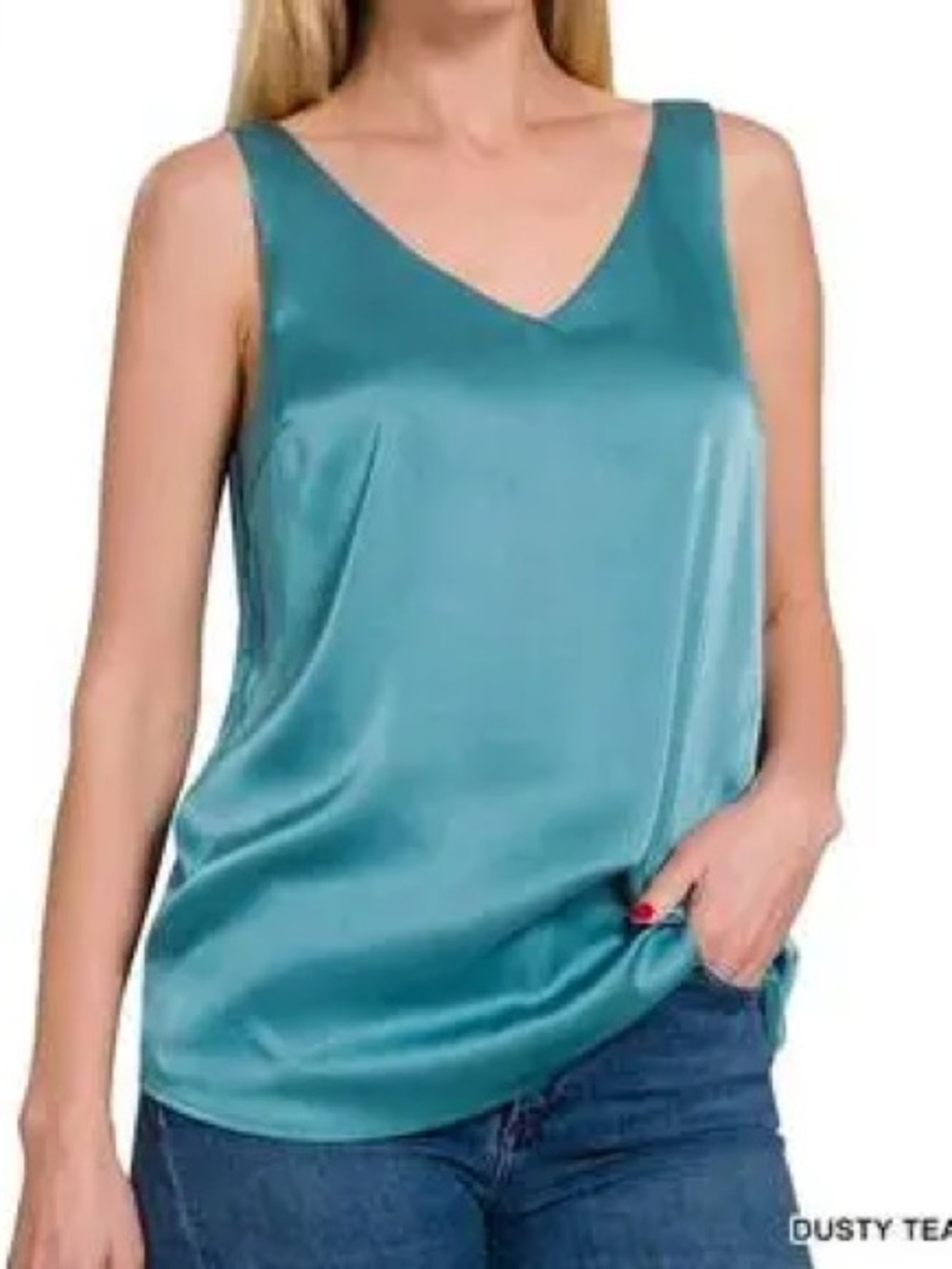 Zenana Dusty Teal Satin V-Neck Tank Top - Women XL NWT